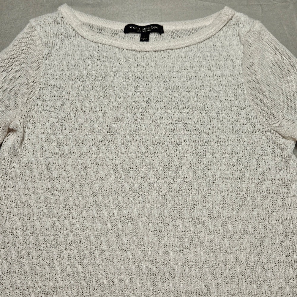 Green Envelope Open Knit Sweater Women Small Ivory Elbow Sleeve Boat Neck USA